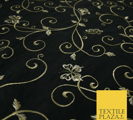 Luxury JET BLACK Butterfly Swirls Embroidered 100% PURE SILK Fabric 45" 4539
