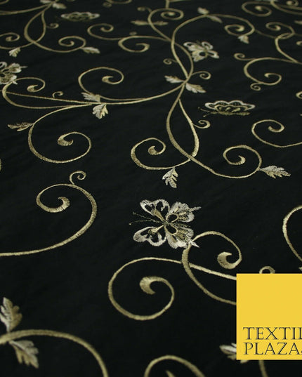 Luxury JET BLACK Butterfly Swirls Embroidered 100% PURE SILK Fabric 45" 4539