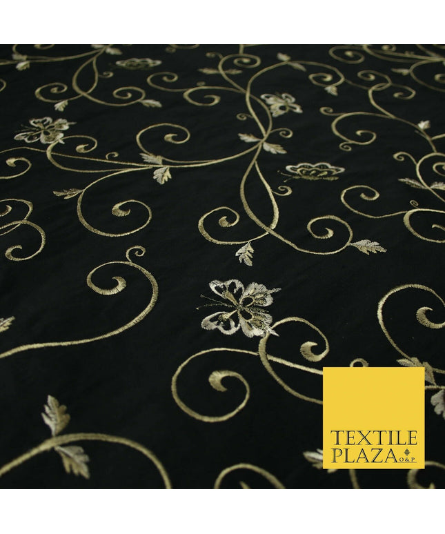 Luxury JET BLACK Butterfly Swirls Embroidered 100% PURE SILK Fabric 45" 4539