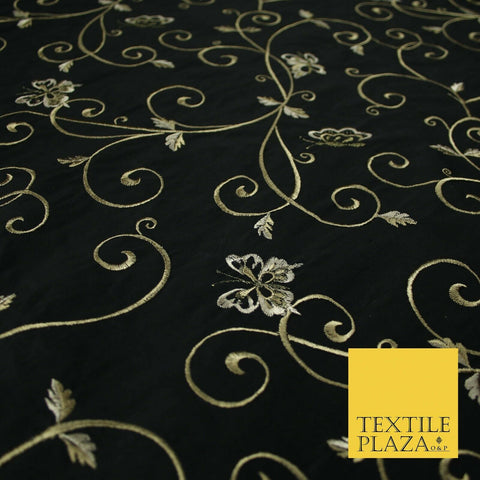 Luxury JET BLACK Butterfly Swirls Embroidered 100% PURE SILK Fabric 45" 4539