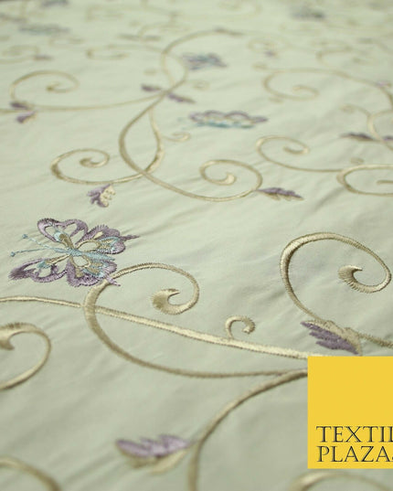 Luxury IVORY Butterfly Gold Swirls Embroidered 100% PURE SILK Fabric 48" 4542