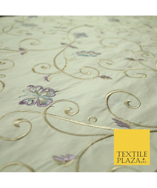 Luxury IVORY Butterfly Gold Swirls Embroidered 100% PURE SILK Fabric 48" 4542