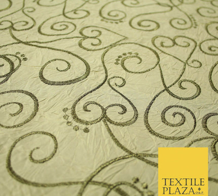 Luxury GOLD Ornate Swirl Hearts Embroidered Crushed 100% PURE SILK Fabric 4544