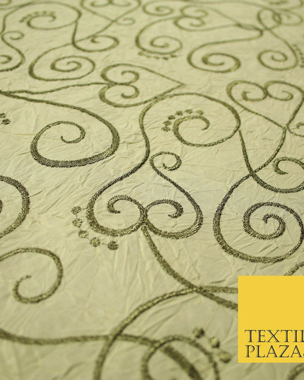 Luxury GOLD Ornate Swirl Hearts Embroidered Crushed 100% PURE SILK Fabric 4544