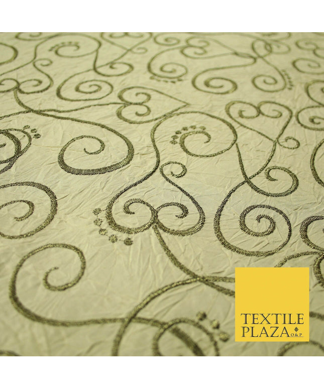 Luxury GOLD Ornate Swirl Hearts Embroidered Crushed 100% PURE SILK Fabric 4544