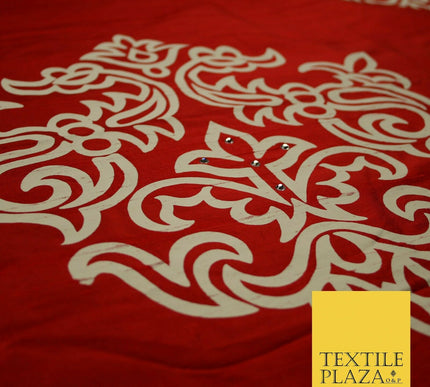 Luxury Red Large Swarovski Printed Damask 100% PURE SILK Fabric Furnishing 4552