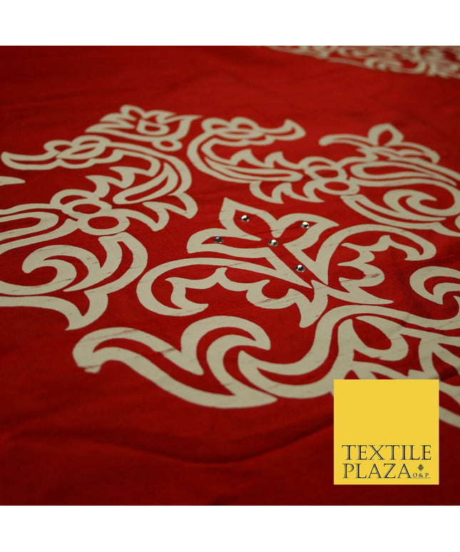 Luxury Red Large Swarovski Printed Damask 100% PURE SILK Fabric Furnishing 4552
