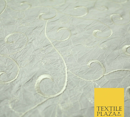 Luxury IVORY Ornate Scroll Embroidered Crushed 100% PURE SILK Fabric 46" 4547
