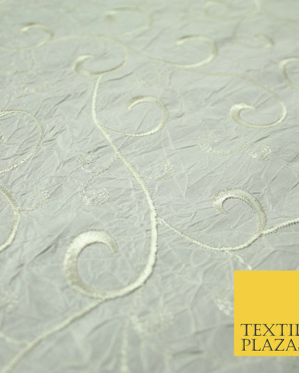 Luxury IVORY Ornate Scroll Embroidered Crushed 100% PURE SILK Fabric 46" 4547
