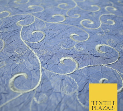 Luxury ICE BLUE Ornate Scroll Embroidered Crushed 100% PURE SILK Fabric 46" 4546