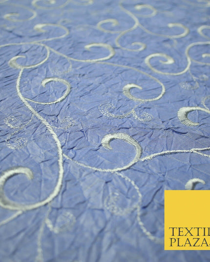 Luxury ICE BLUE Ornate Scroll Embroidered Crushed 100% PURE SILK Fabric 46" 4546