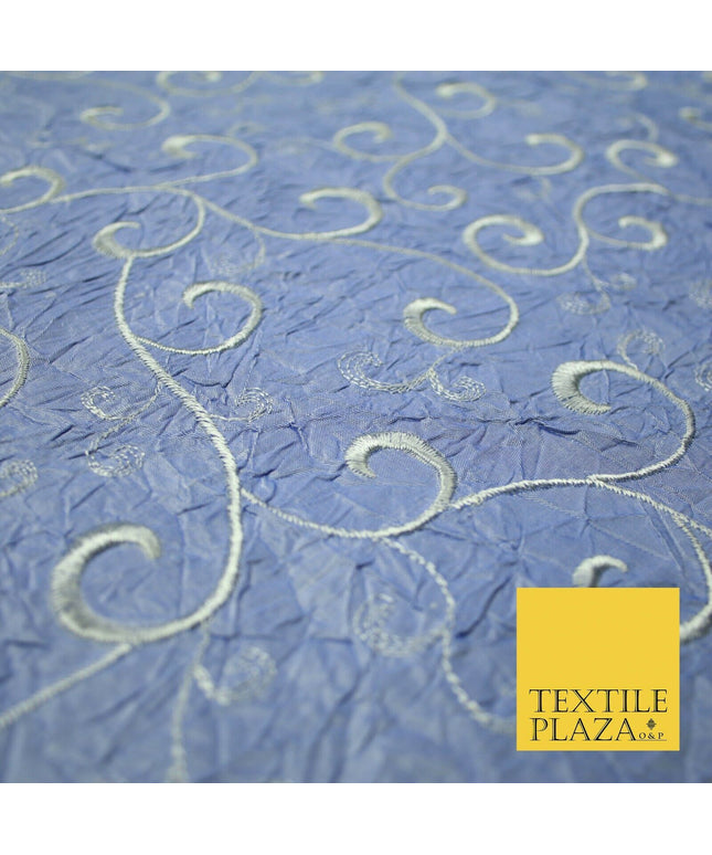 Luxury ICE BLUE Ornate Scroll Embroidered Crushed 100% PURE SILK Fabric 46" 4546