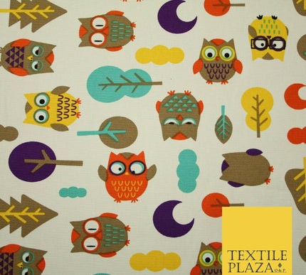 Colourful Wacky Funky Multicolour Owls 100% COTTON CANVAS Print Fabric Craft 58"