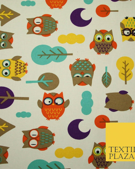 Colourful Wacky Funky Multicolour Owls 100% COTTON CANVAS Print Fabric Craft 58"