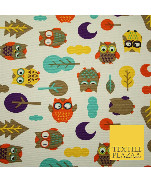 Colourful Wacky Funky Multicolour Owls 100% COTTON CANVAS Print Fabric Craft 58"