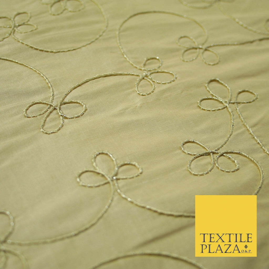 Luxury HONEY GOLD Corded Floral Vine Embroidered 100% PURE SILK Fabric 48" 4537