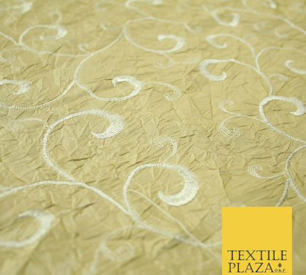 Luxury GOLD Ornate Scroll Embroidered Crushed 100% PURE SILK Fabric 46" 4545
