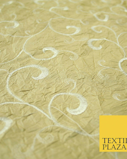 Luxury GOLD Ornate Scroll Embroidered Crushed 100% PURE SILK Fabric 46" 4545