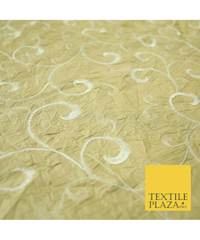 Luxury GOLD Ornate Scroll Embroidered Crushed 100% PURE SILK Fabric 46" 4545