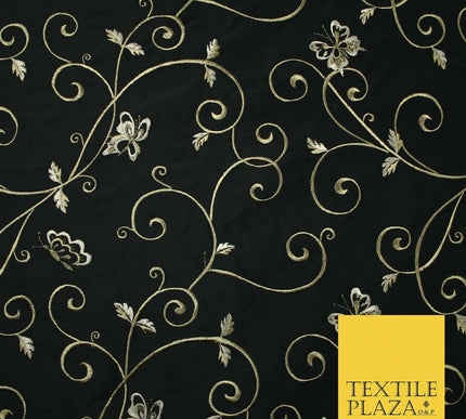 Luxury JET BLACK Butterfly Swirls Embroidered 100% PURE SILK Fabric 45" 4539