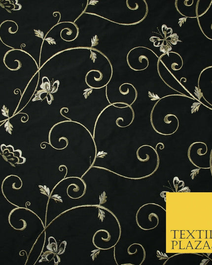 Luxury JET BLACK Butterfly Swirls Embroidered 100% PURE SILK Fabric 45" 4539