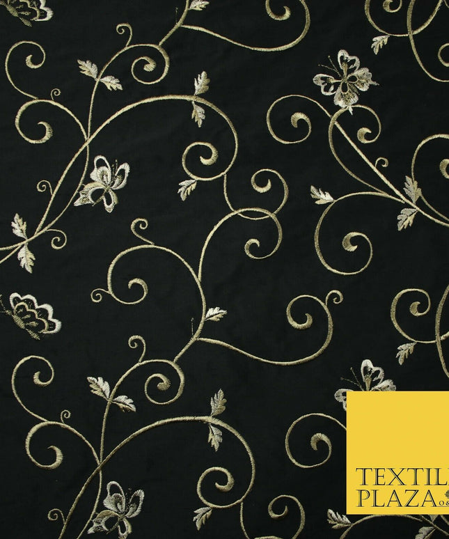 Luxury JET BLACK Butterfly Swirls Embroidered 100% PURE SILK Fabric 45" 4539