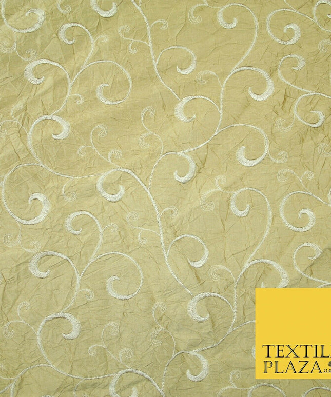 Luxury GOLD Ornate Scroll Embroidered Crushed 100% PURE SILK Fabric 46" 4545