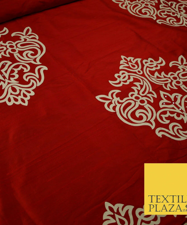 Luxury Red Large Swarovski Printed Damask 100% PURE SILK Fabric Furnishing 4552
