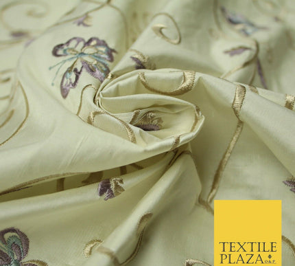 Luxury IVORY Butterfly Gold Swirls Embroidered 100% PURE SILK Fabric 48" 4542
