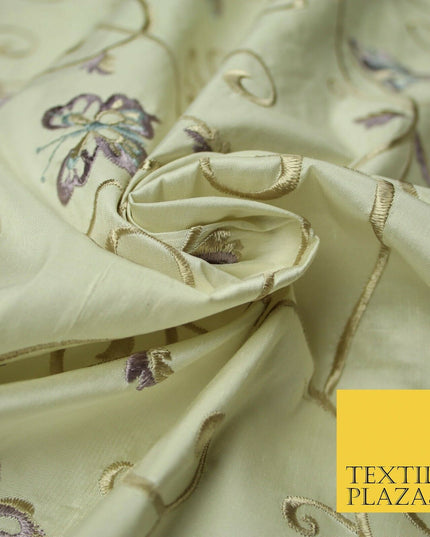 Luxury IVORY Butterfly Gold Swirls Embroidered 100% PURE SILK Fabric 48" 4542