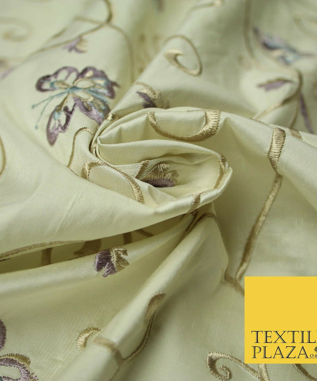 Luxury IVORY Butterfly Gold Swirls Embroidered 100% PURE SILK Fabric 48" 4542
