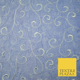 Luxury ICE BLUE Ornate Scroll Embroidered Crushed 100% PURE SILK Fabric 46" 4546