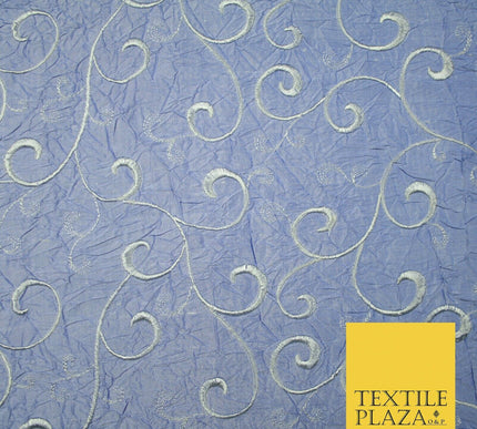 Luxury ICE BLUE Ornate Scroll Embroidered Crushed 100% PURE SILK Fabric 46" 4546