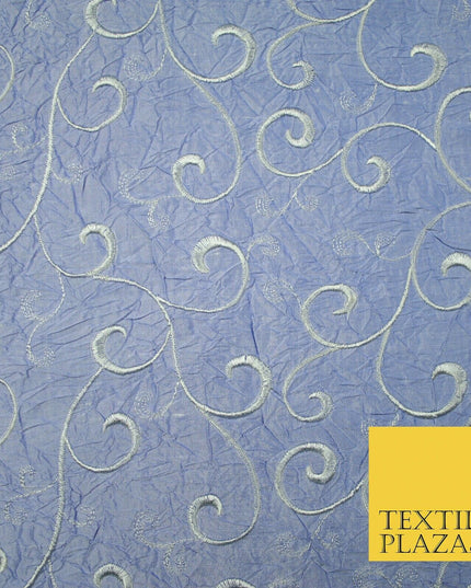 Luxury ICE BLUE Ornate Scroll Embroidered Crushed 100% PURE SILK Fabric 46" 4546