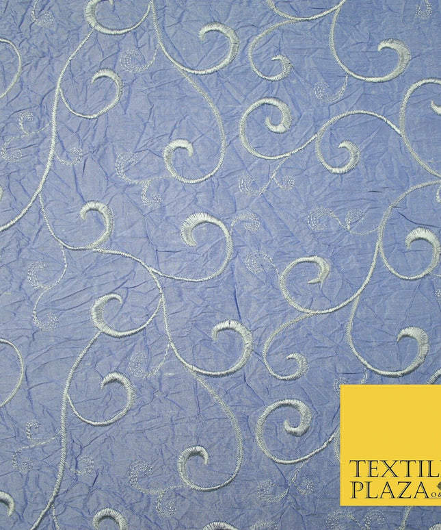 Luxury ICE BLUE Ornate Scroll Embroidered Crushed 100% PURE SILK Fabric 46" 4546