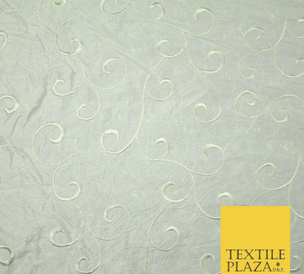 Luxury IVORY Ornate Scroll Embroidered Crushed 100% PURE SILK Fabric 46" 4547