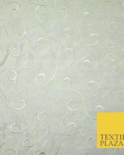 Luxury IVORY Ornate Scroll Embroidered Crushed 100% PURE SILK Fabric 46" 4547