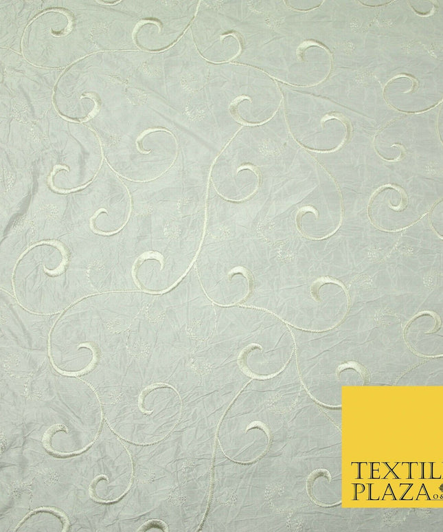 Luxury IVORY Ornate Scroll Embroidered Crushed 100% PURE SILK Fabric 46" 4547