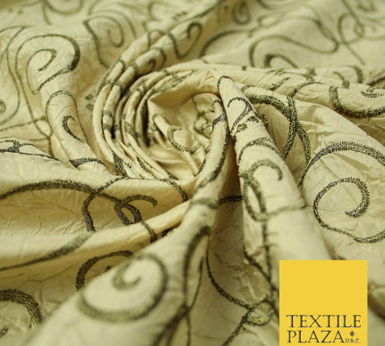 Luxury GOLD Ornate Swirl Hearts Embroidered Crushed 100% PURE SILK Fabric 4544