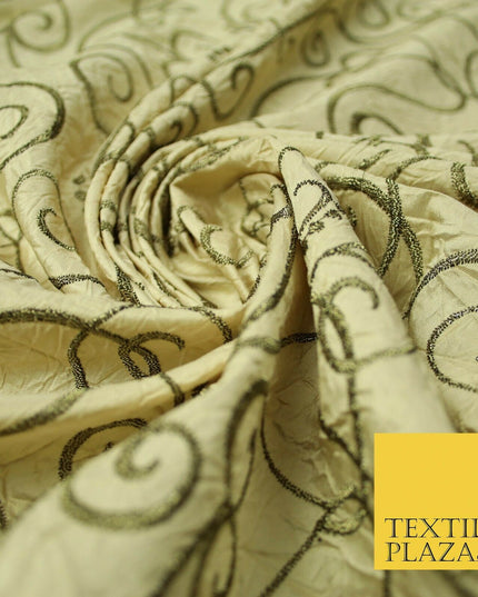 Luxury GOLD Ornate Swirl Hearts Embroidered Crushed 100% PURE SILK Fabric 4544