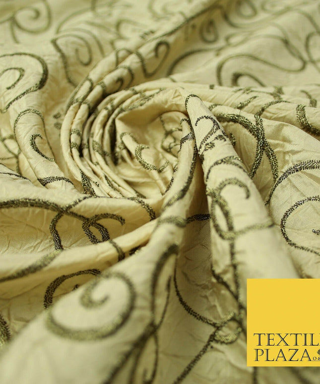 Luxury GOLD Ornate Swirl Hearts Embroidered Crushed 100% PURE SILK Fabric 4544