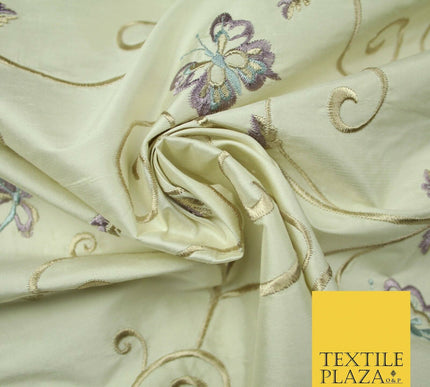 Luxury IVORY Butterfly Gold Swirls Embroidered 100% PURE SILK Fabric 48" 4542