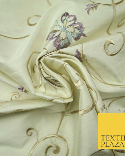 Luxury IVORY Butterfly Gold Swirls Embroidered 100% PURE SILK Fabric 48" 4542