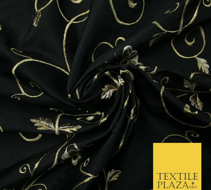 Luxury JET BLACK Butterfly Swirls Embroidered 100% PURE SILK Fabric 45" 4539
