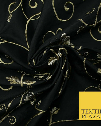 Luxury JET BLACK Butterfly Swirls Embroidered 100% PURE SILK Fabric 45" 4539
