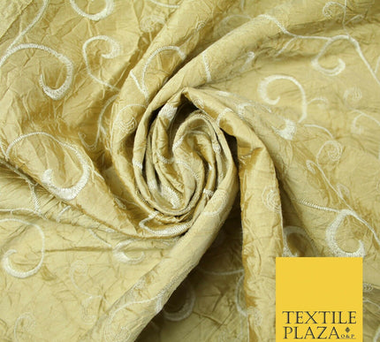 Luxury GOLD Ornate Scroll Embroidered Crushed 100% PURE SILK Fabric 46" 4545