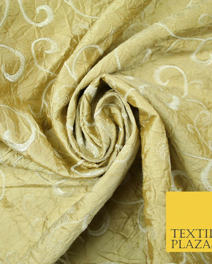 Luxury GOLD Ornate Scroll Embroidered Crushed 100% PURE SILK Fabric 46" 4545