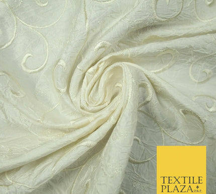 Luxury IVORY Ornate Scroll Embroidered Crushed 100% PURE SILK Fabric 46" 4547
