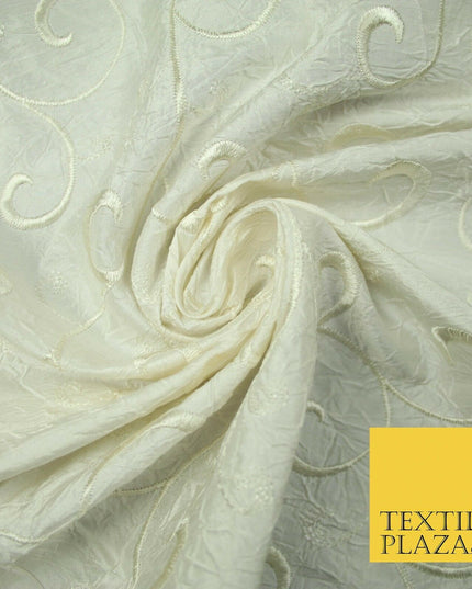 Luxury IVORY Ornate Scroll Embroidered Crushed 100% PURE SILK Fabric 46" 4547