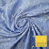 Luxury ICE BLUE Ornate Scroll Embroidered Crushed 100% PURE SILK Fabric 46" 4546